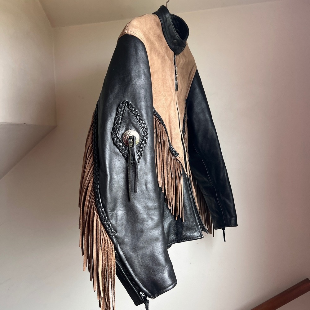 Vintage Leather Fringe Motorcycle Jacket Black Tan Biker‎ Western Braided Lace - Picture 9 of 12